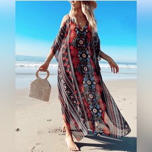 Show Me Your Mumu - Floral Cold Shoulder Maxi Dress Kaftan - Size: Medium